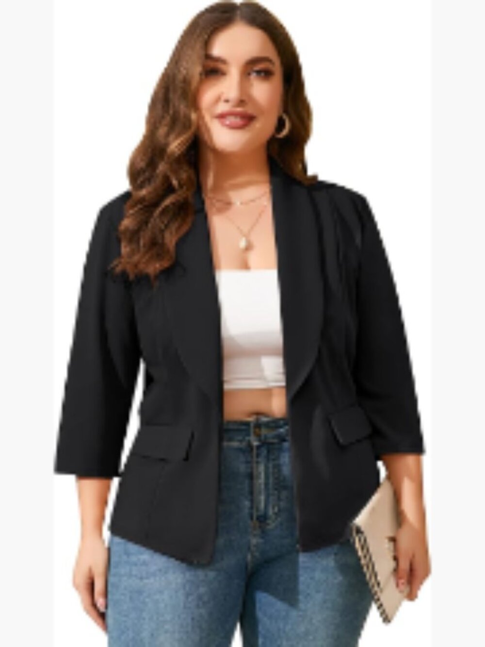 Plus Size Casual Blazer with Pockets 3/4 Sleeve Open Front Cardigan Jacket
